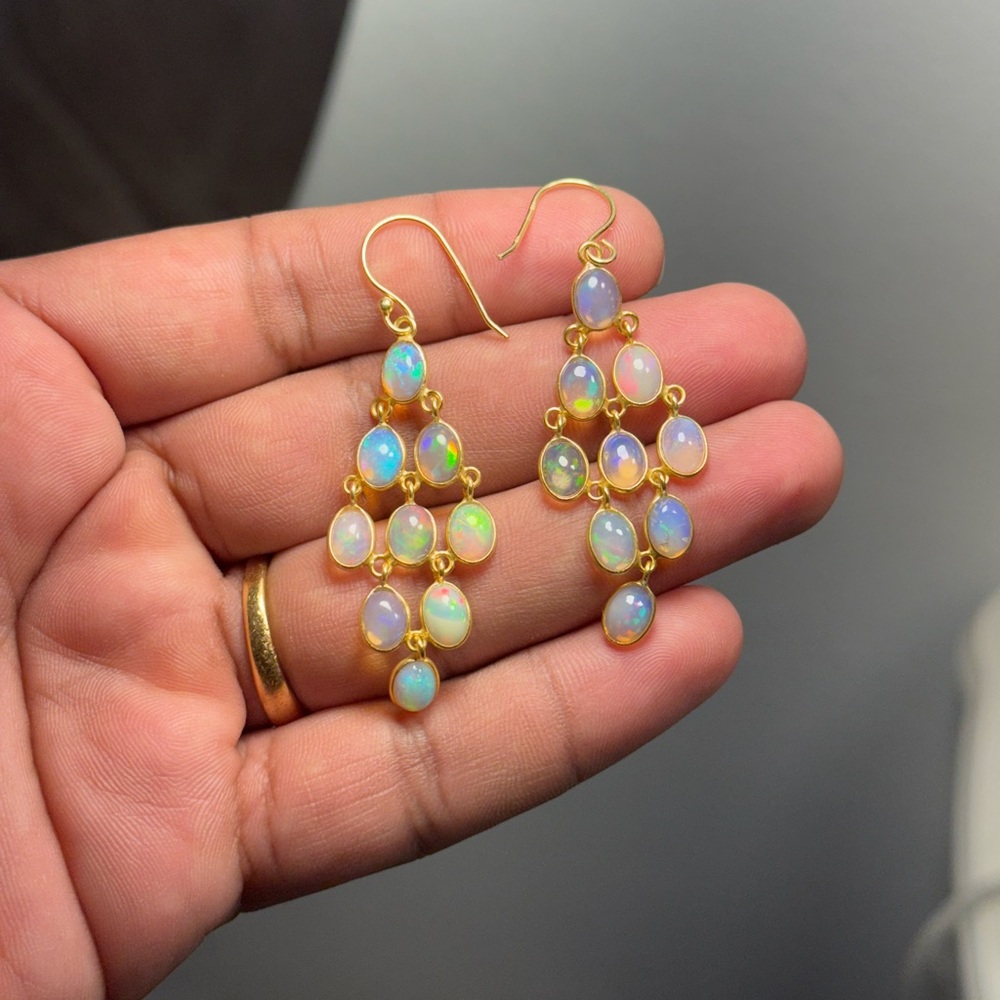 Ethiopian Opal Earrings • 2” Dangle • 925 Silver 18K Gold Plated • Handmade - Picture 6 of 10